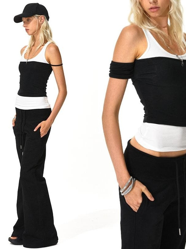 Kvkv Black And White Irregular Sleeves Fake Two Piece Vest 2