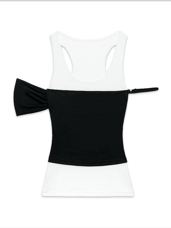 Kvkv Black And White Irregular Sleeves Fake Two Piece Vest 5