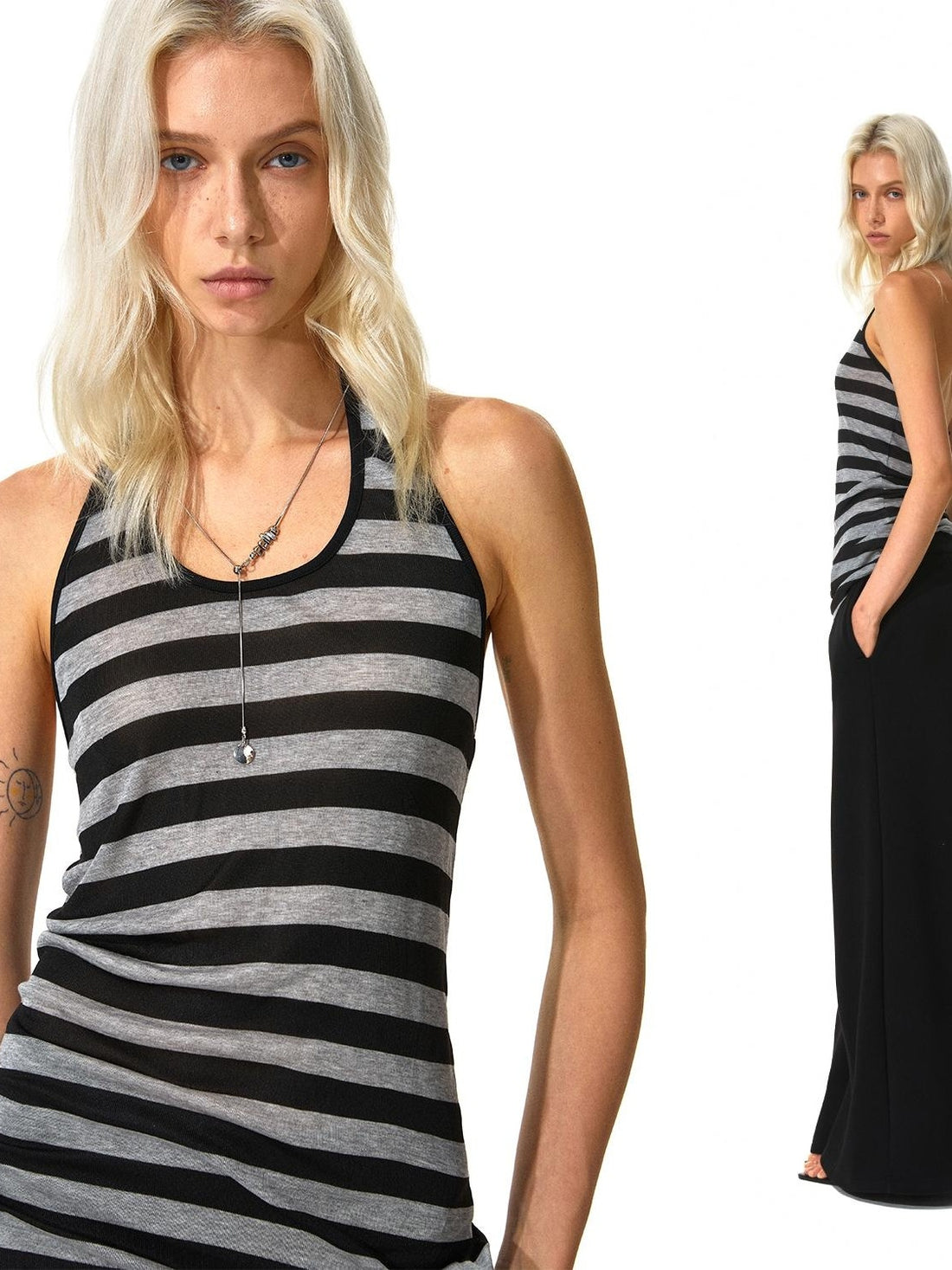 Kvkv Black Gray Wide Striped Tencel Adjustable Neck Vest 1