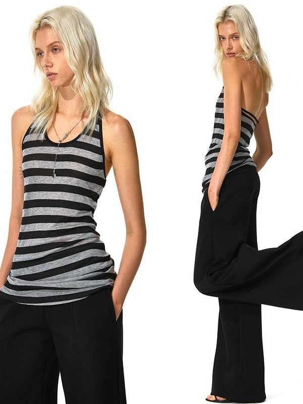 Kvkv Black Gray Wide Striped Tencel Adjustable Neck Vest 2