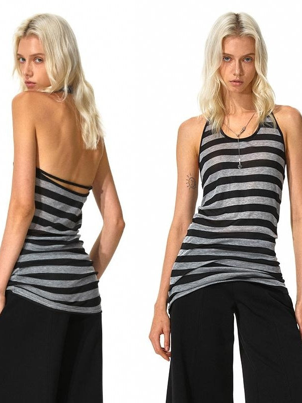 Kvkv Black Gray Wide Striped Tencel Adjustable Neck Vest 4