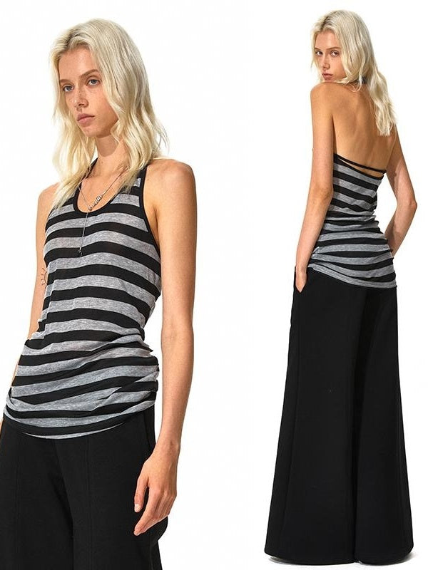 Kvkv Black Gray Wide Striped Tencel Adjustable Neck Vest 5