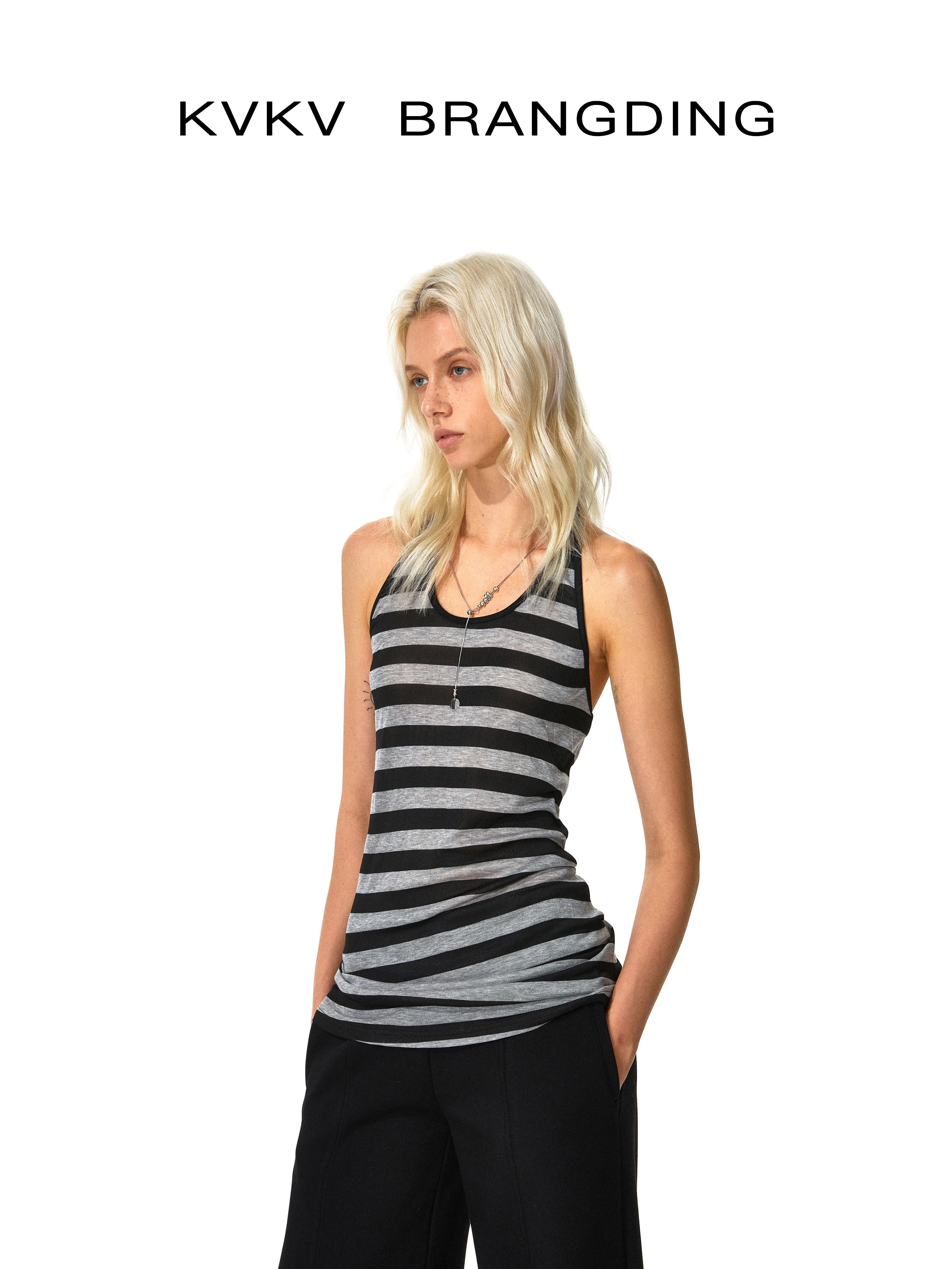 Kvkv Black Gray Wide Striped Tencel Adjustable Neck Vest 9