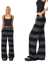 Kvkv Black Grey Modal Double Waist Wide Striped Drawstring Elastic Pants 1