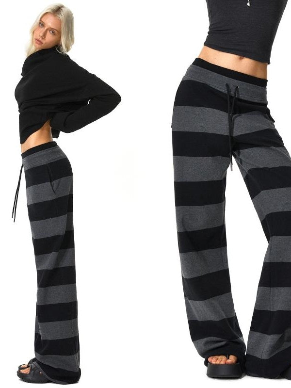 Kvkv Black Grey Modal Double Waist Wide Striped Drawstring Elastic Pants 2