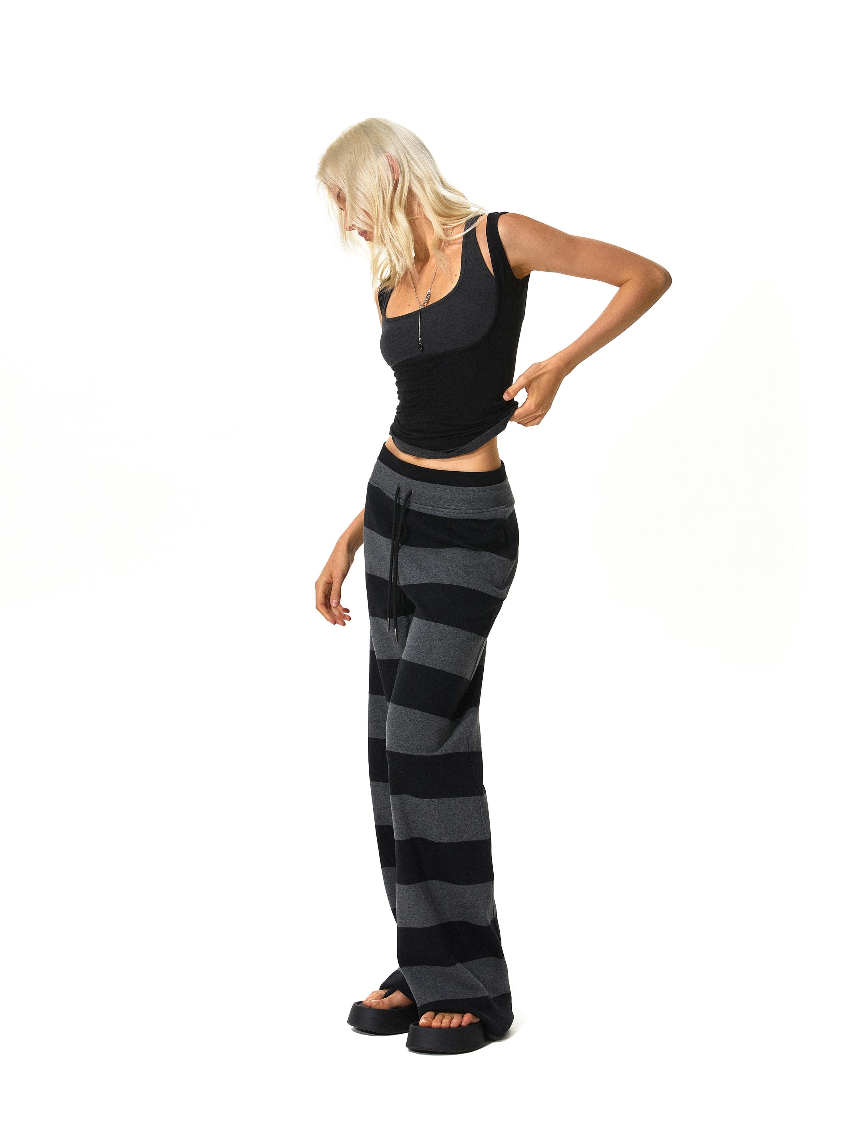 Kvkv Black Grey Modal Double Waist Wide Striped Drawstring Elastic Pants 20