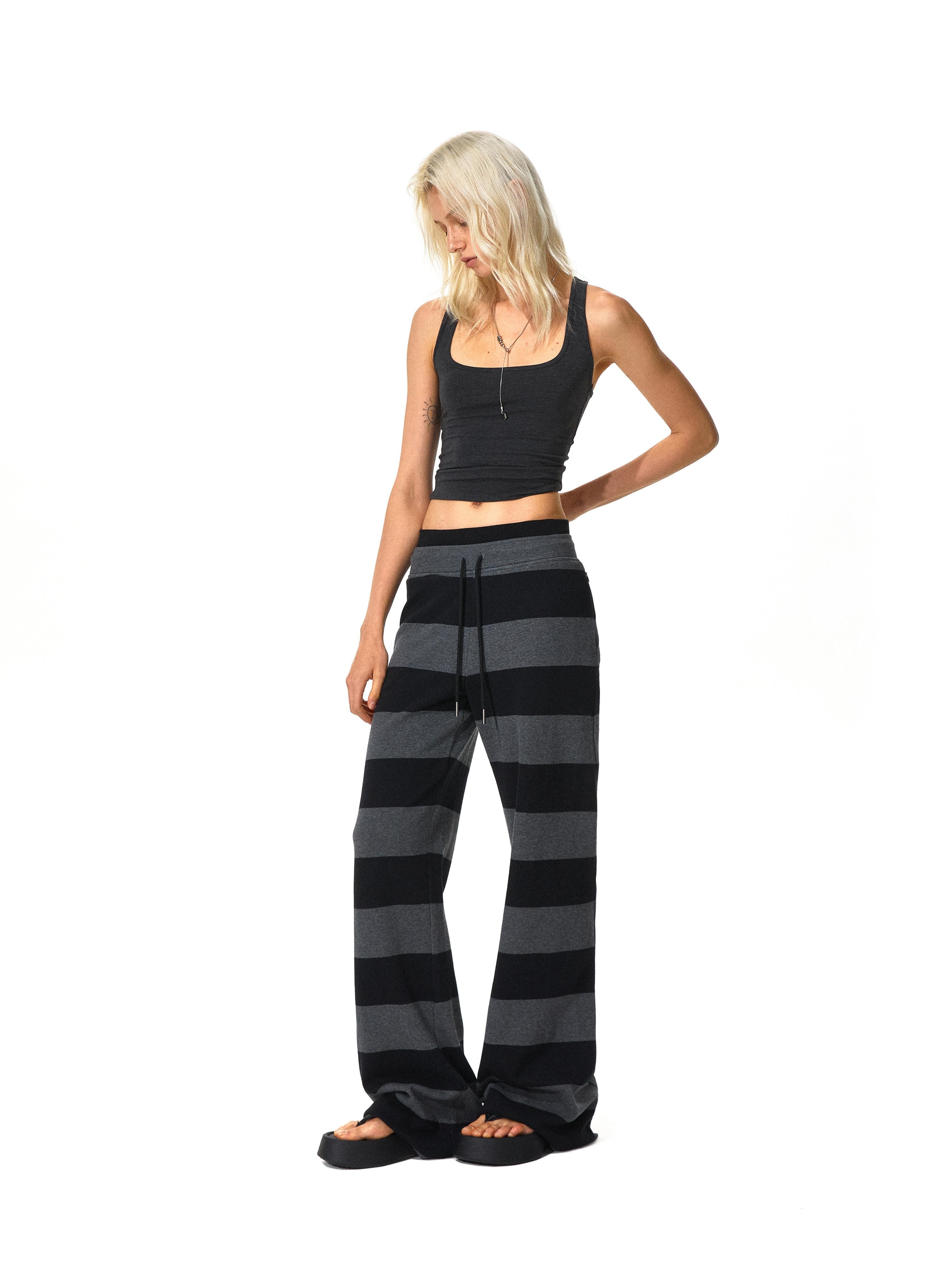 Kvkv Black Grey Modal Double Waist Wide Striped Drawstring Elastic Pants 26