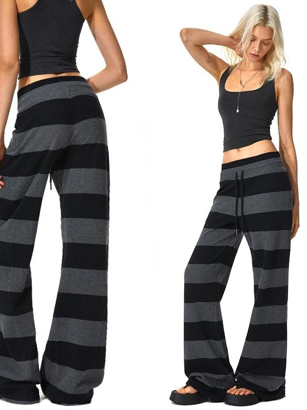 Kvkv Black Grey Modal Double Waist Wide Striped Drawstring Elastic Pants 3