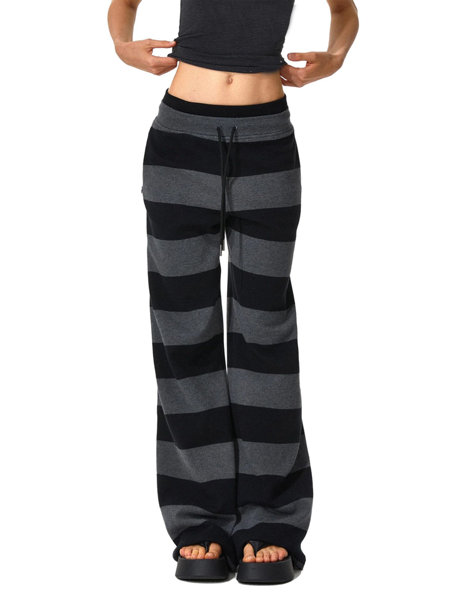 Kvkv Black Grey Modal Double Waist Wide Striped Drawstring Elastic Pants 32