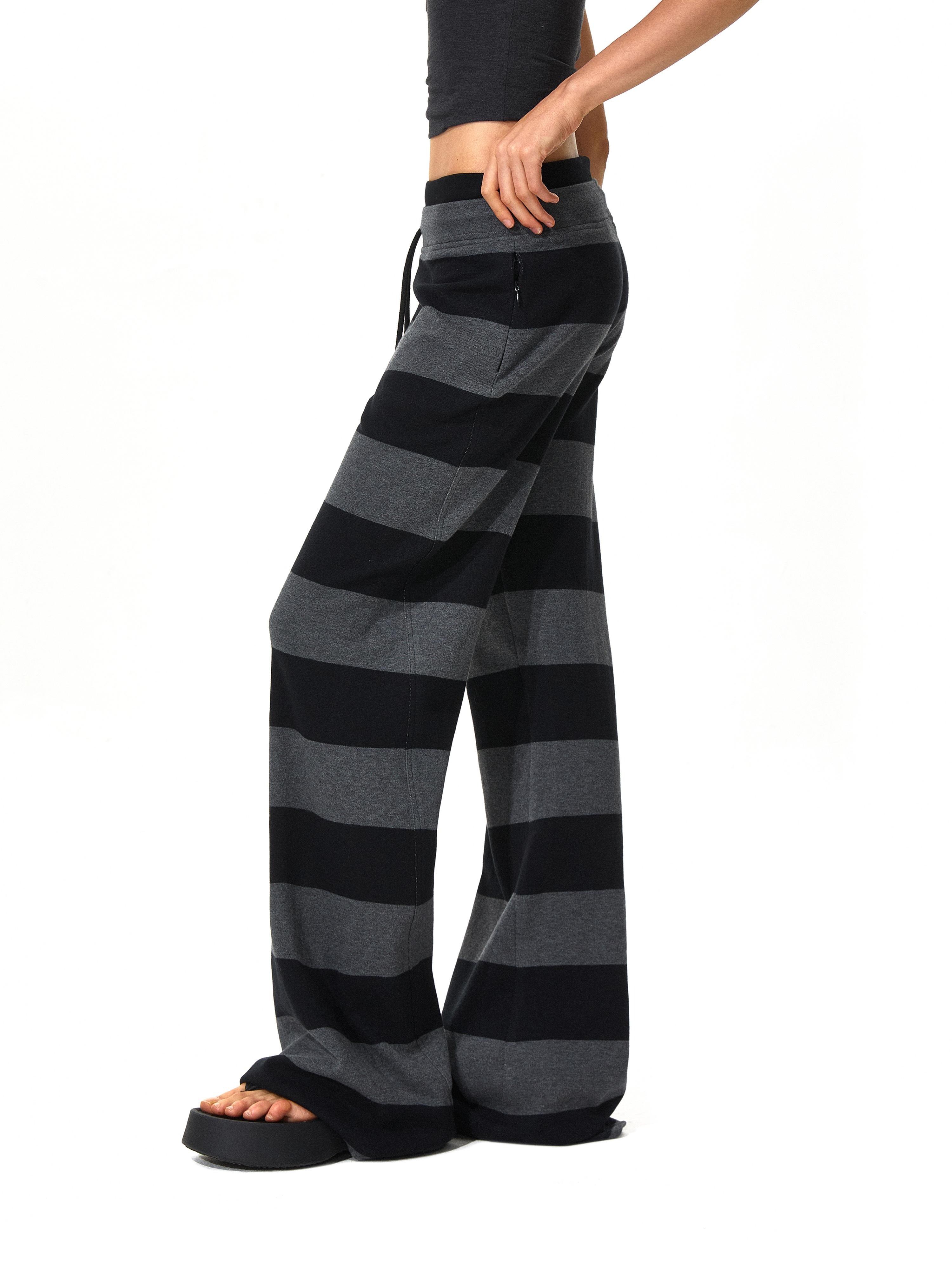 Kvkv Black Grey Modal Double Waist Wide Striped Drawstring Elastic Pants 33