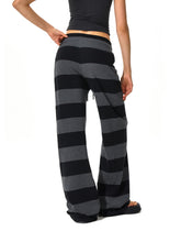 Kvkv Black Grey Modal Double Waist Wide Striped Drawstring Elastic Pants 34