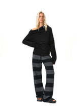 Kvkv Black Grey Modal Double Waist Wide Striped Drawstring Elastic Pants 38