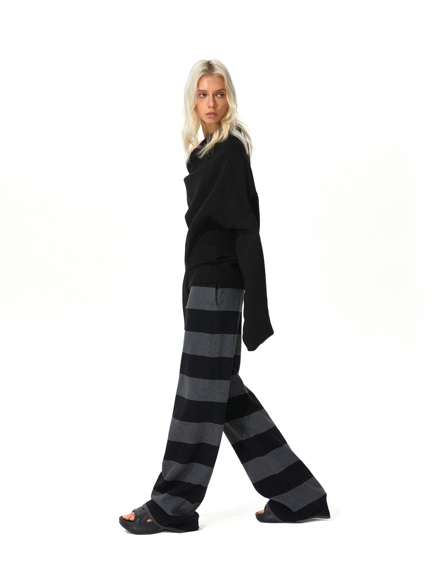 Kvkv Black Grey Modal Double Waist Wide Striped Drawstring Elastic Pants 40