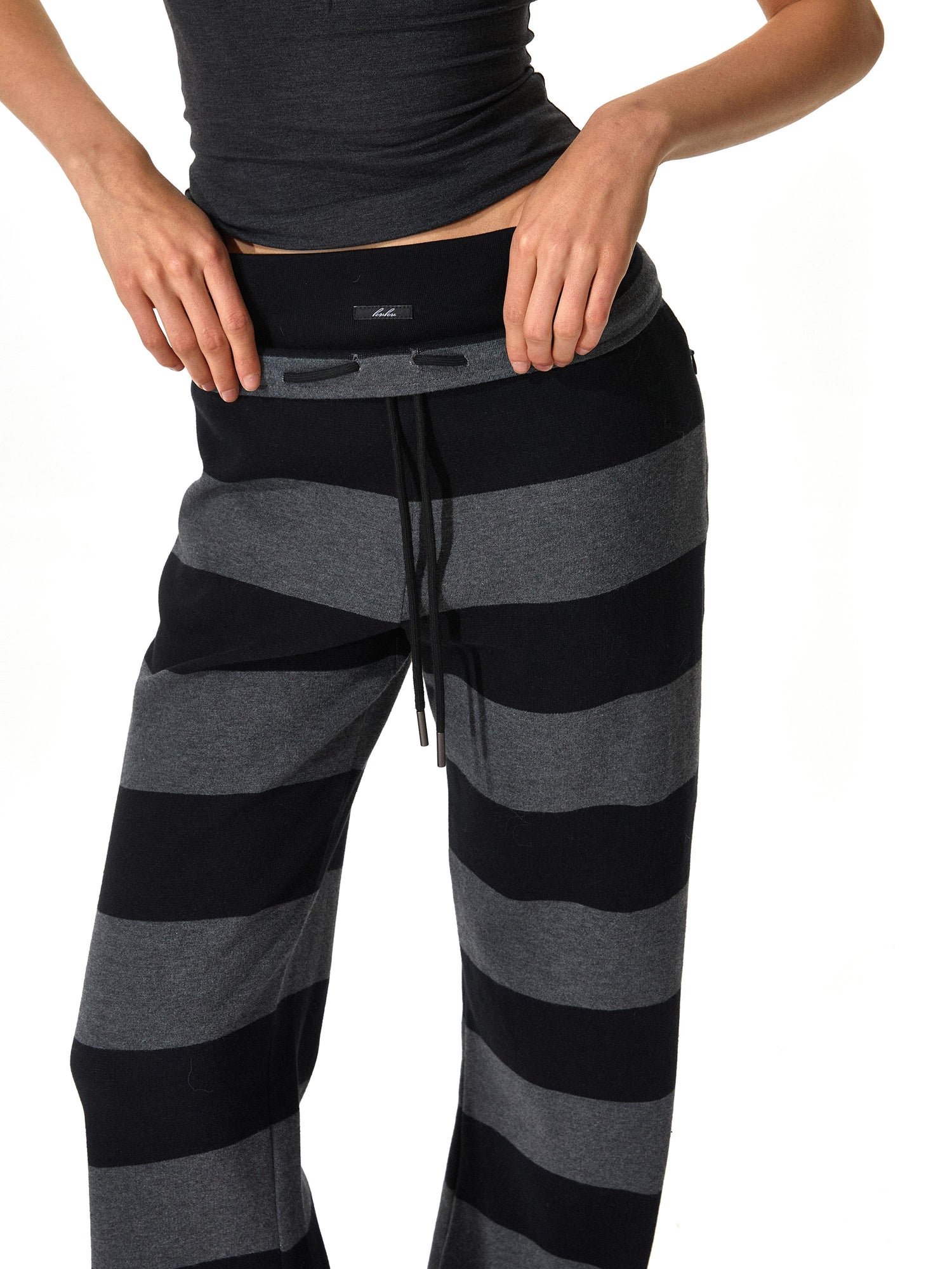 Kvkv Black Grey Modal Double Waist Wide Striped Drawstring Elastic Pants 45