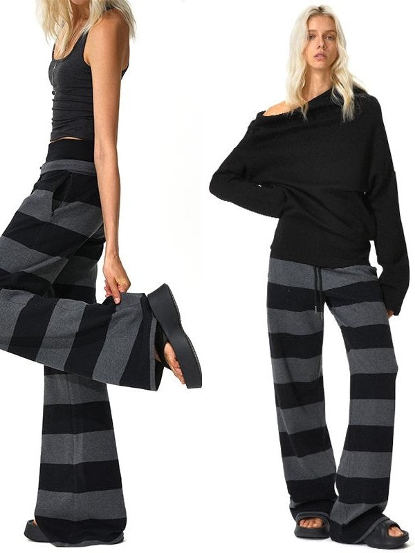 Kvkv Black Grey Modal Double Waist Wide Striped Drawstring Elastic Pants 5_cd6bbf6f d46d 4019 a980 52ad99228da6