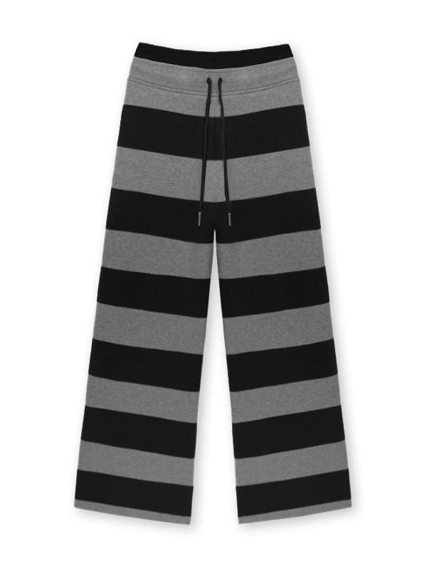 Kvkv Black Grey Modal Double Waist Wide Striped Drawstring Elastic Pants 6