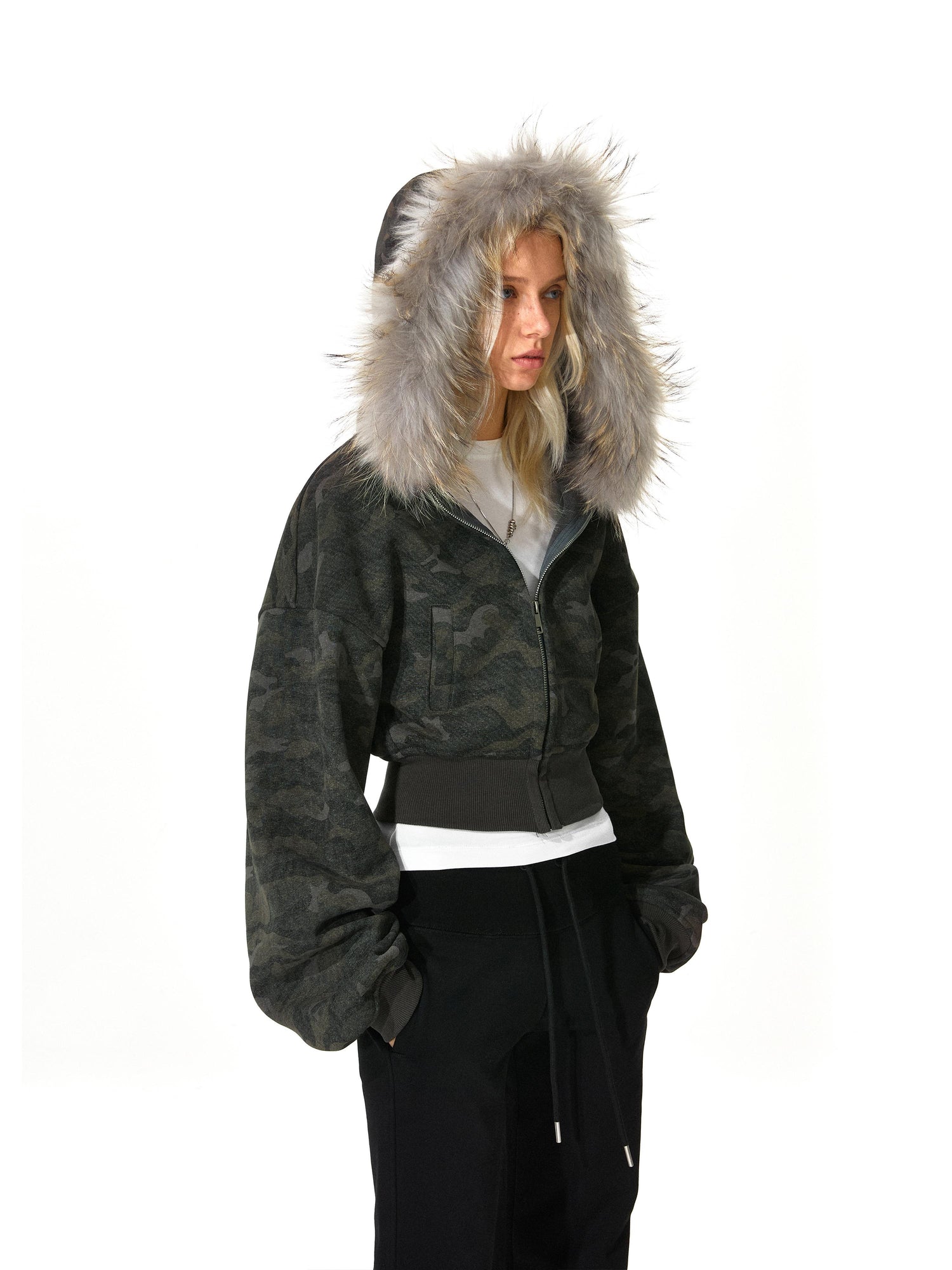 Kvkv Camouflage Real Fur Collar Hooded Jacket 30