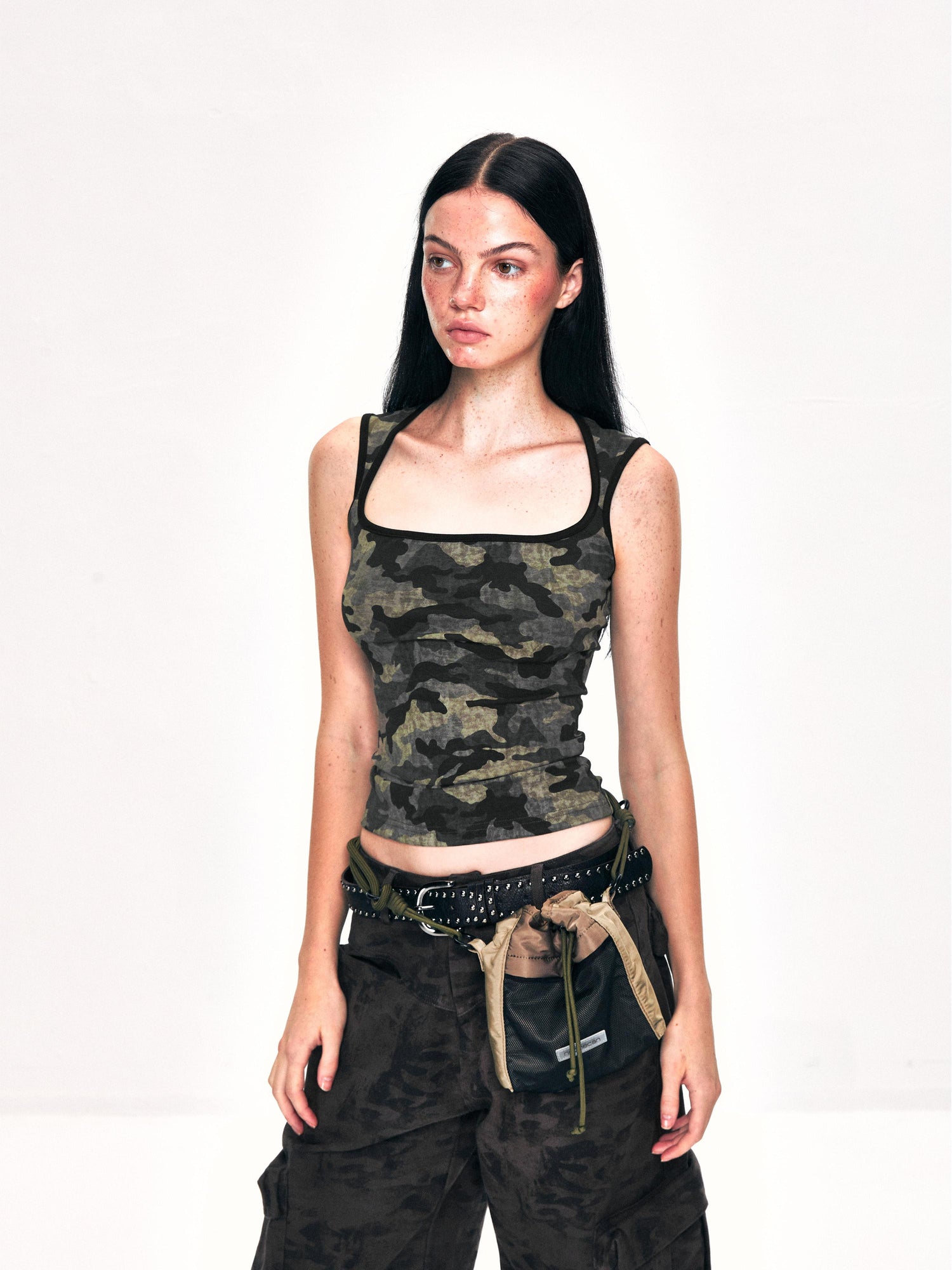 Kvkv Camouflage Striped Wide Shoulder Strap Tank Top Retro Spicy Girl Sexy Tight Look Thin Square Neck Outerwear 19