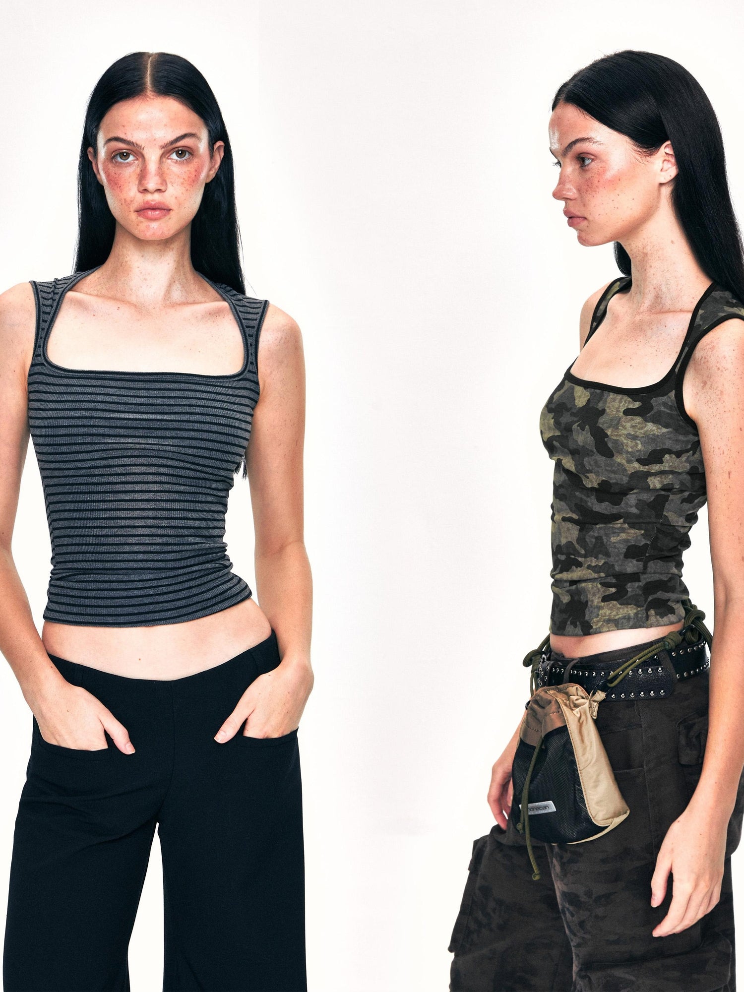 Kvkv Camouflage Striped Wide Shoulder Strap Tank Top Retro Spicy Girl Sexy Tight Look Thin Square Neck Outerwear 2