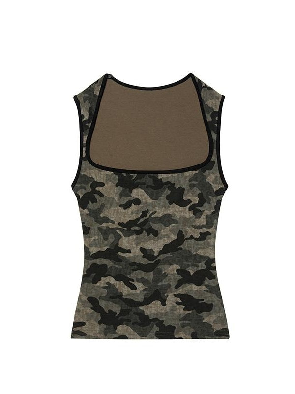 Kvkv Camouflage Striped Wide Shoulder Strap Tank Top Retro Spicy Girl Sexy Tight Look Thin Square Neck Outerwear 8