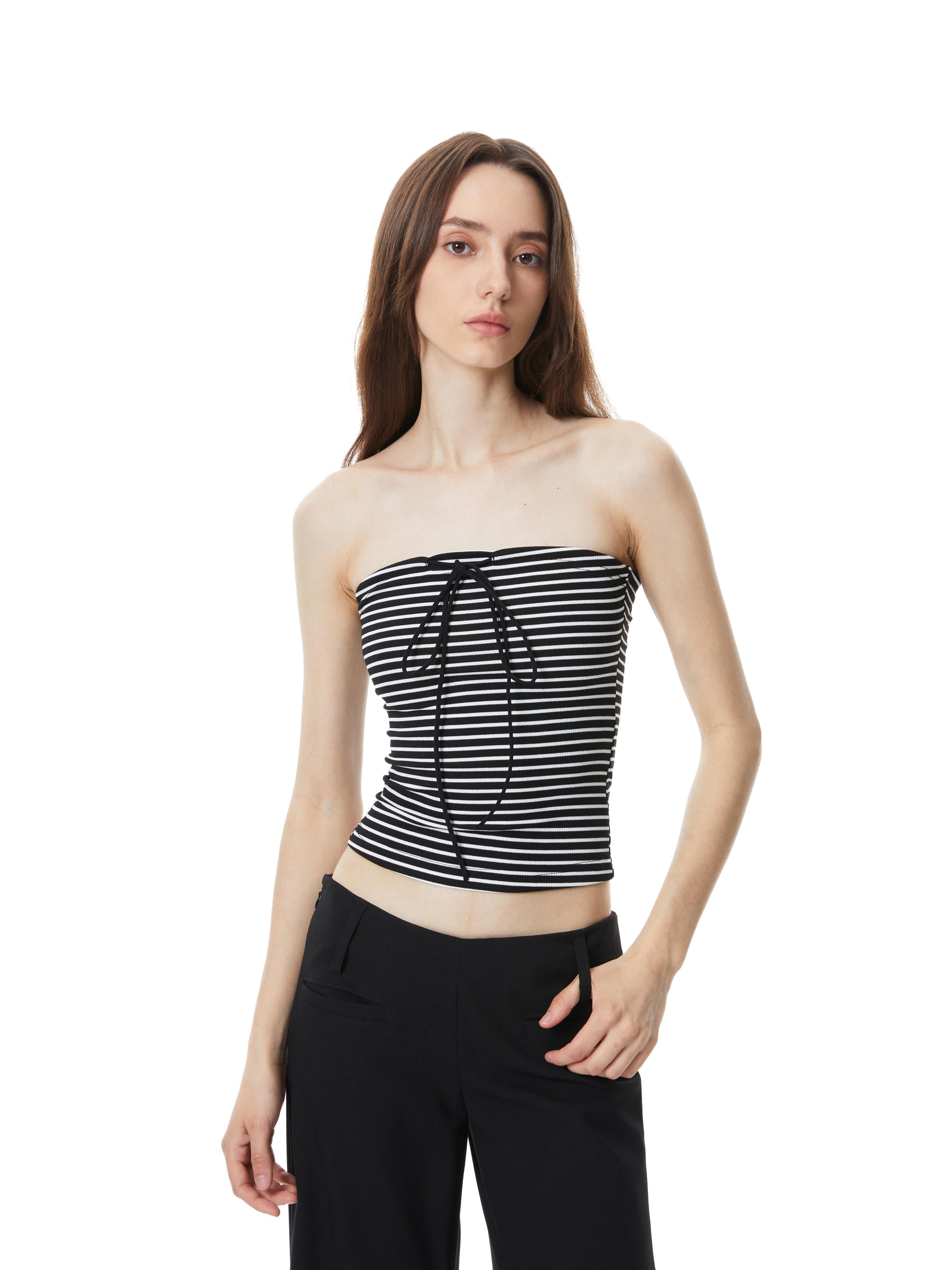 Kvkv Color Blocked Bow Tie Elastic Strapless American Style Spicy Girl Retro Slimming Design Sleeveless Striped Top 49