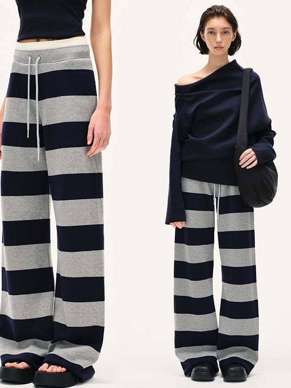 Kvkv Design Sense Double Waist Head Wide Striped Skin Feel Modal Casual Drawstring Pants Bathroom Autumn Winter Straight 5