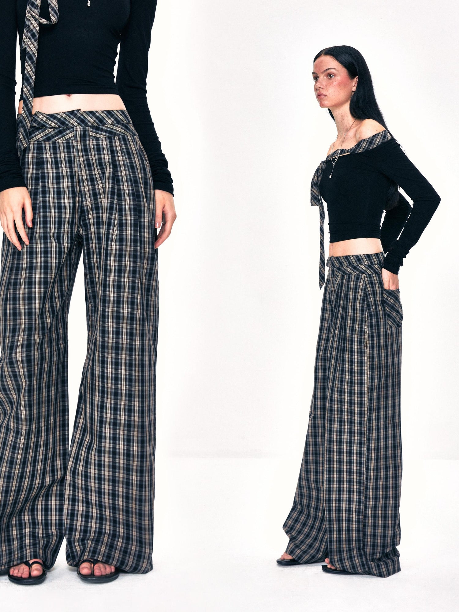 Kvkv Double Layer Waistband Splicing Checkered Pants Retro Lazy And Hanging Feeling Floor Dragging Loose Straight Leg Casual Wide Pants 2