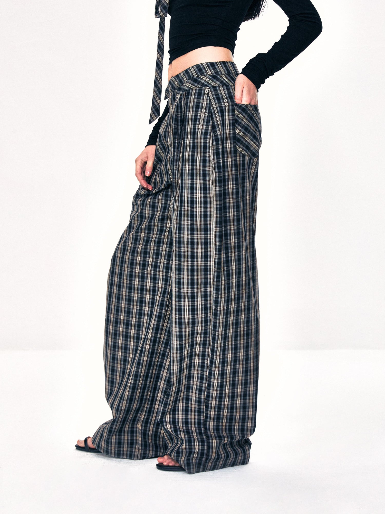 Kvkv Double Layer Waistband Splicing Checkered Pants Retro Lazy And Hanging Feeling Floor Dragging Loose Straight Leg Casual Wide Pants 22