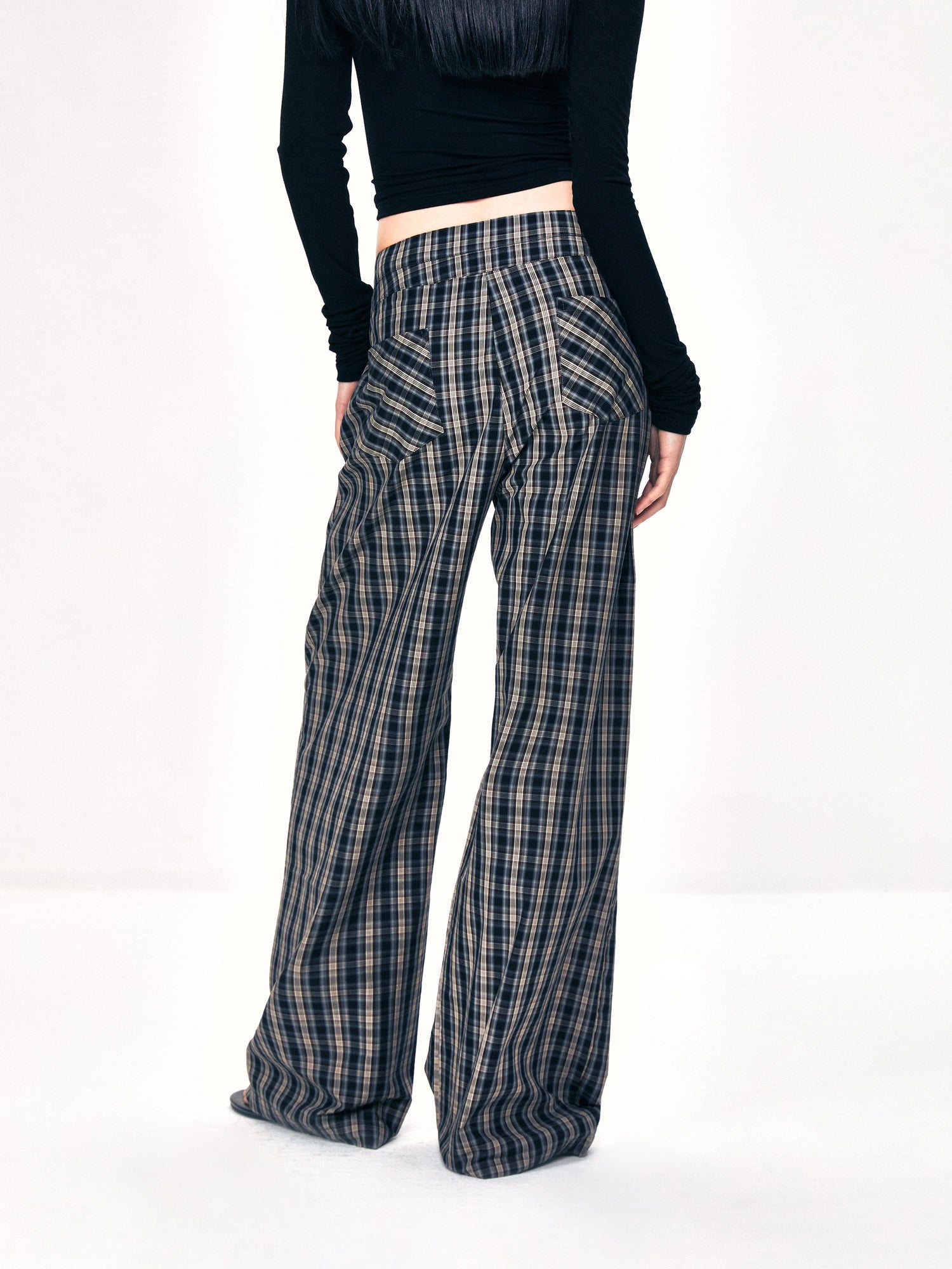 Kvkv Double Layer Waistband Splicing Checkered Pants Retro Lazy And Hanging Feeling Floor Dragging Loose Straight Leg Casual Wide Pants 24