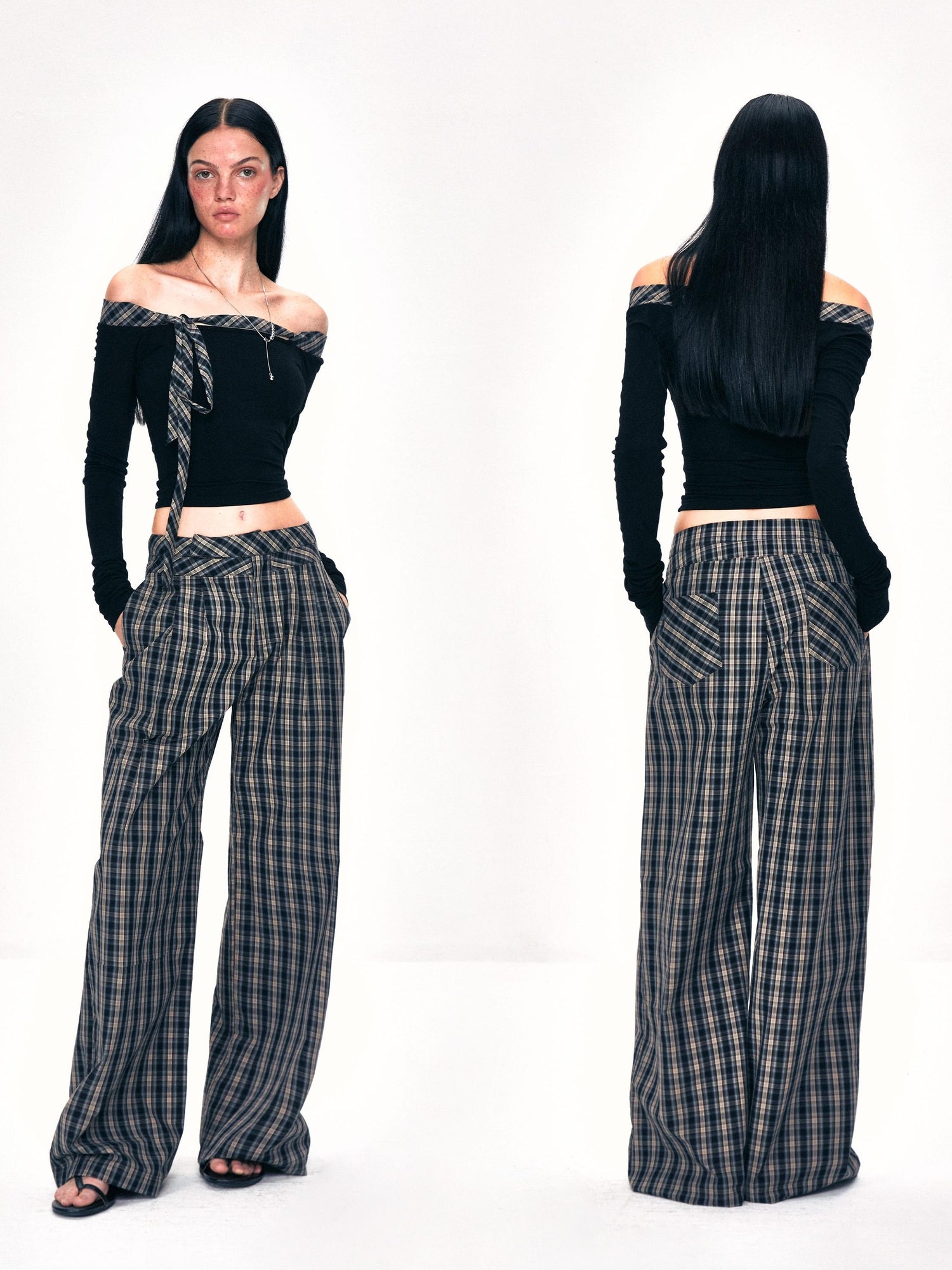 Kvkv Double Layer Waistband Splicing Checkered Pants Retro Lazy And Hanging Feeling Floor Dragging Loose Straight Leg Casual Wide Pants 3