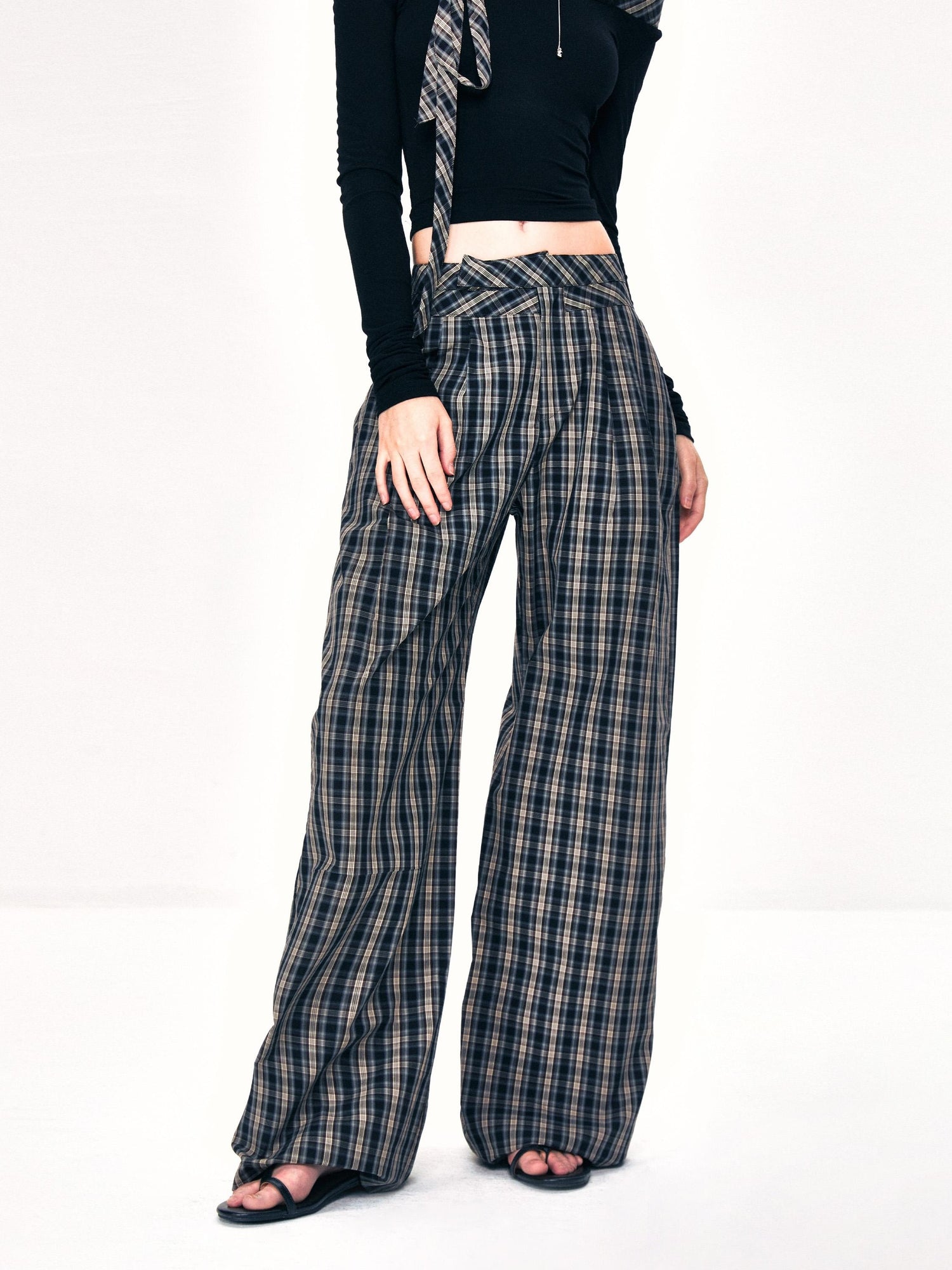 Kvkv Double Layer Waistband Splicing Checkered Pants Retro Lazy And Hanging Feeling Floor Dragging Loose Straight Leg Casual Wide Pants 4