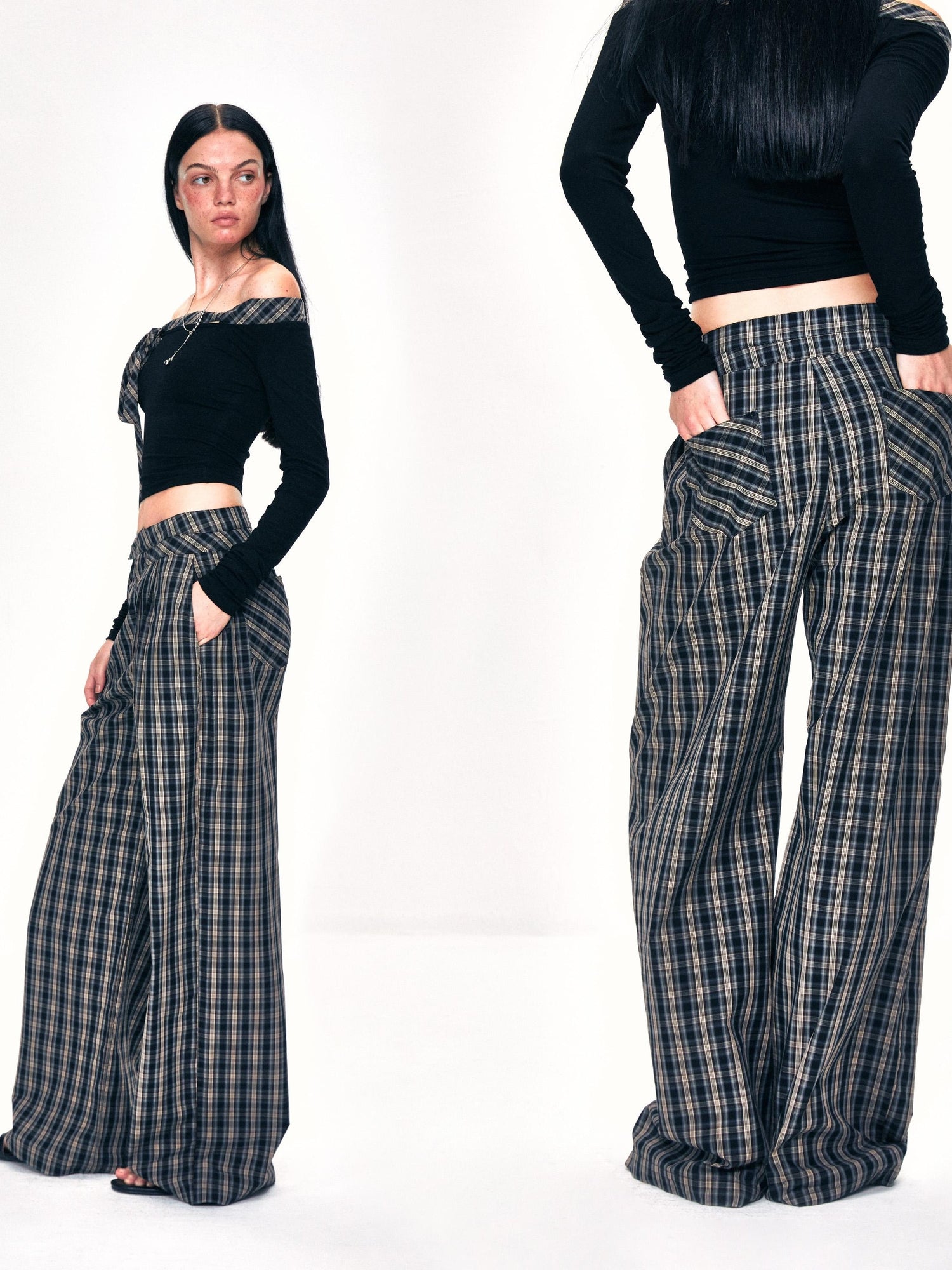 Kvkv Double Layer Waistband Splicing Checkered Pants Retro Lazy And Hanging Feeling Floor Dragging Loose Straight Leg Casual Wide Pants 5