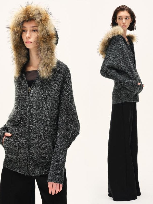 Kvkv Genuine Fur Collar Retro Detachable Blend Hooded Sweater With Relaxed Zipper And Lazy Batfly Sleeve Cardigan Jacket 2