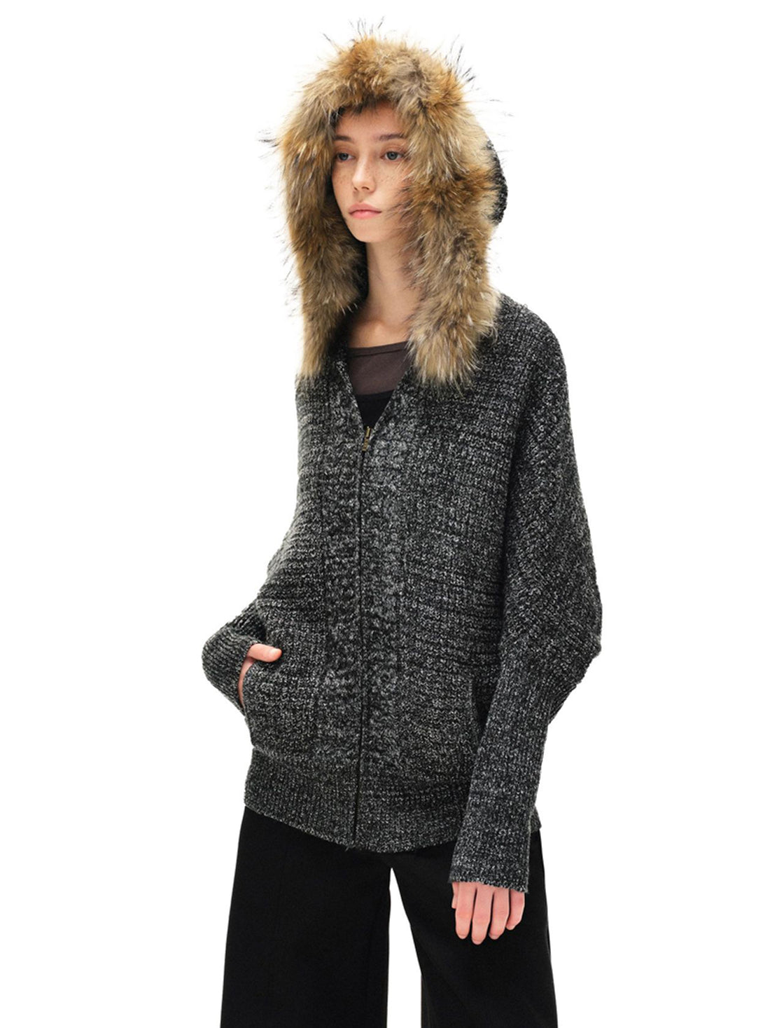 Kvkv Genuine Fur Collar Retro Detachable Blend Hooded Sweater With Relaxed Zipper And Lazy Batfly Sleeve Cardigan Jacket 24