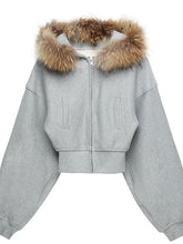 Kvkv Gray Real Fur Collar Flower Short Zipper Hooded Sweatshirt American Slim Fit Thick Autumn And Winter Hoodie Jacket 7