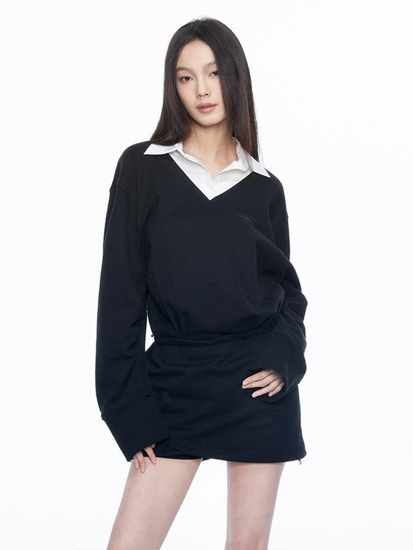 Kvkv Knitted Shirt Long Sleeve Fake Two Piece Sanitary Skirt Dress 2