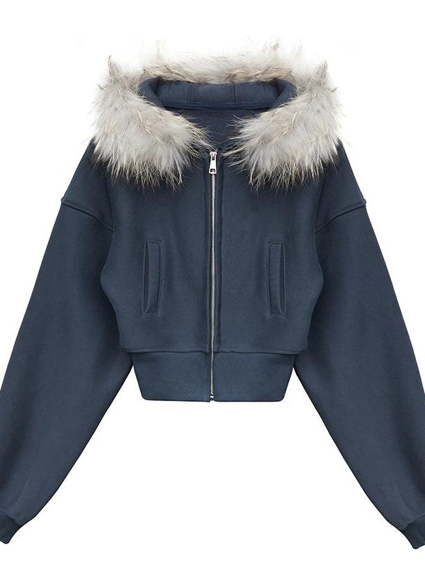 Kvkv Navy Blue Real Fur Collar Short Zipper Hooded Sweatshirt With Autumn And Winter Design Sense Thick Hoodie Cardigan Jacket For Women 7