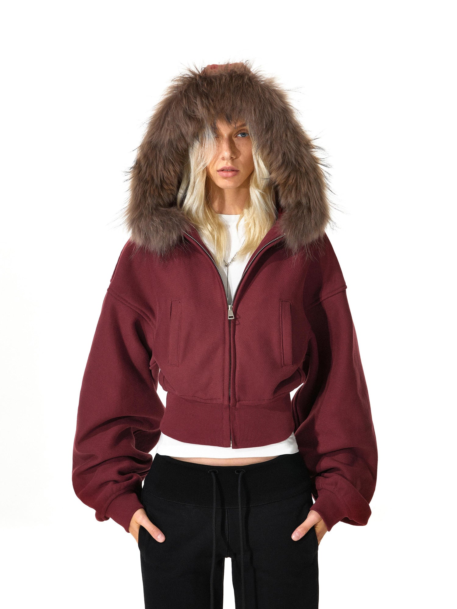 Kvkv Red Short Real Fur Collar Detachable Zipper Hooded Sweatshirt 25