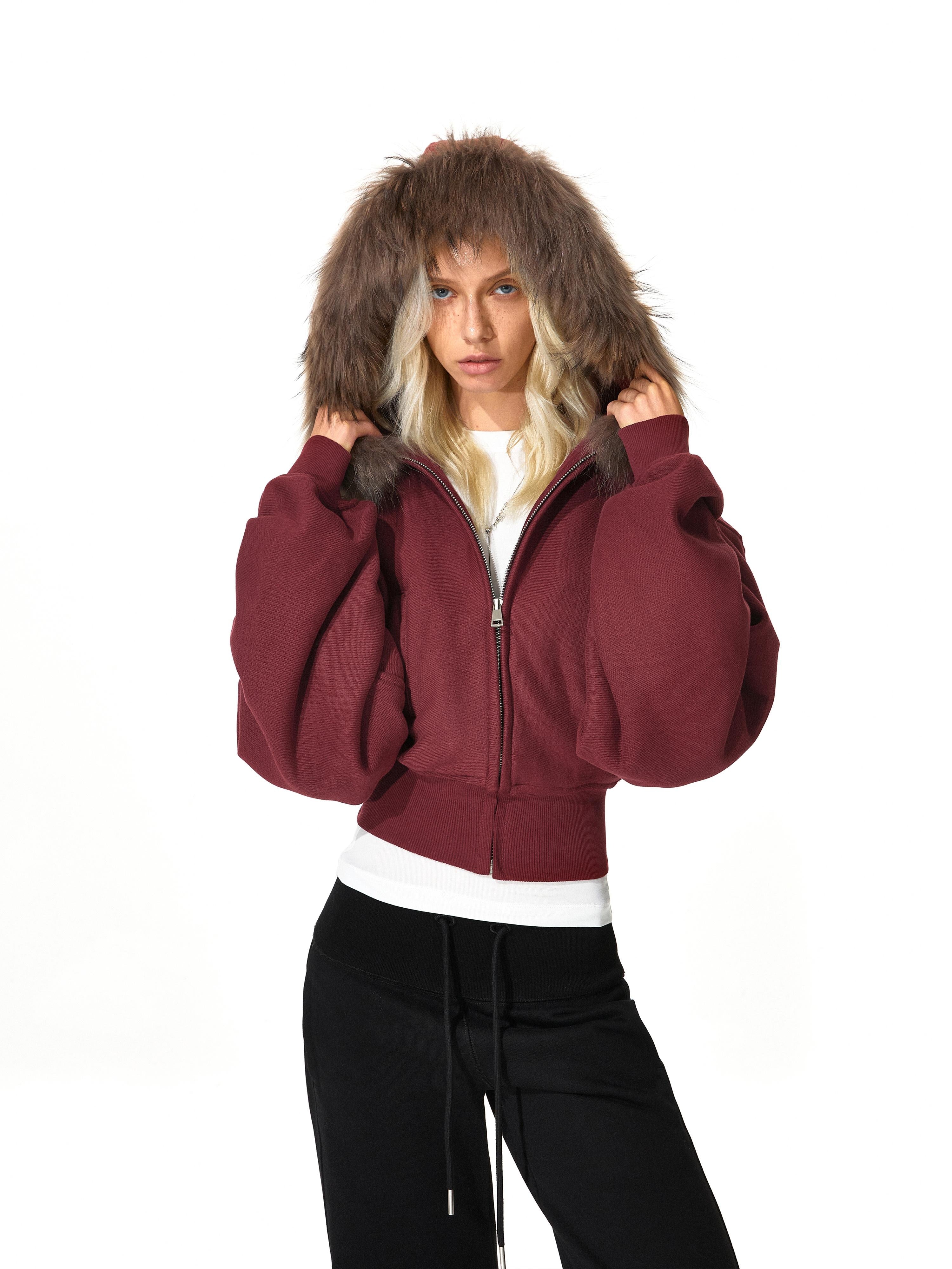 Kvkv Red Short Real Fur Collar Detachable Zipper Hooded Sweatshirt 26