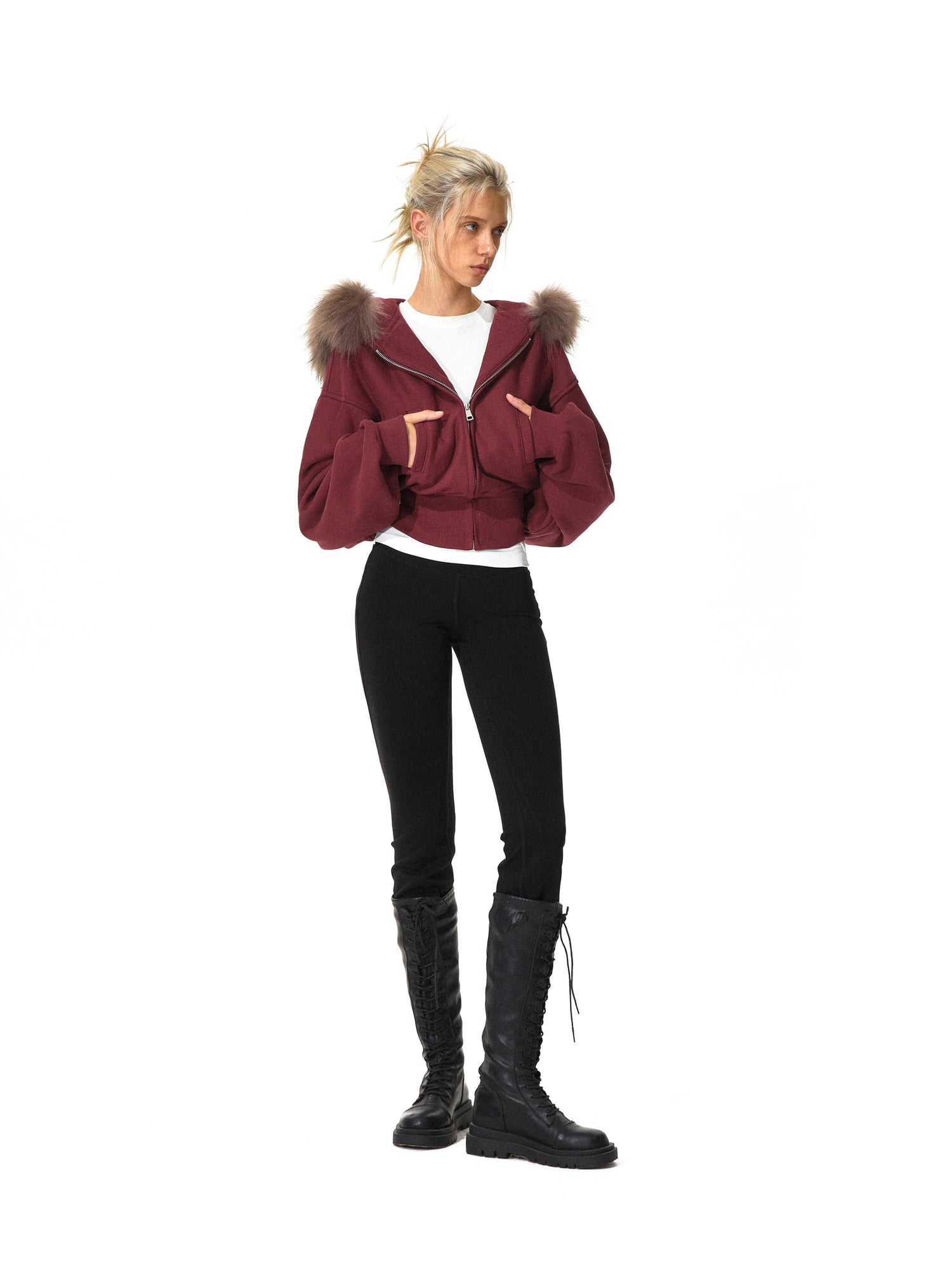 Kvkv Red Short Real Fur Collar Detachable Zipper Hooded Sweatshirt 29