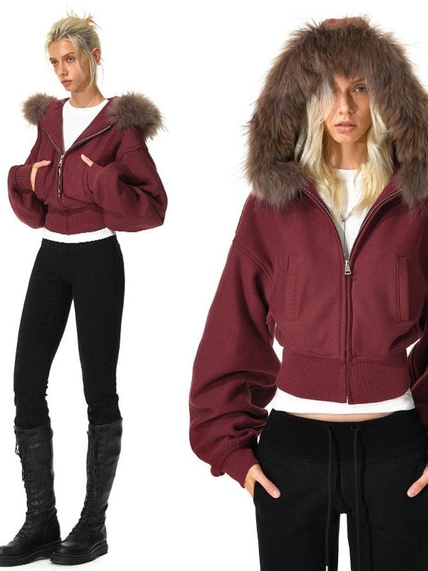 Kvkv Red Short Real Fur Collar Detachable Zipper Hooded Sweatshirt 3