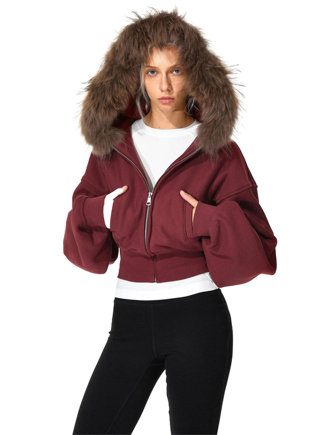 Kvkv Red Short Real Fur Collar Detachable Zipper Hooded Sweatshirt 41