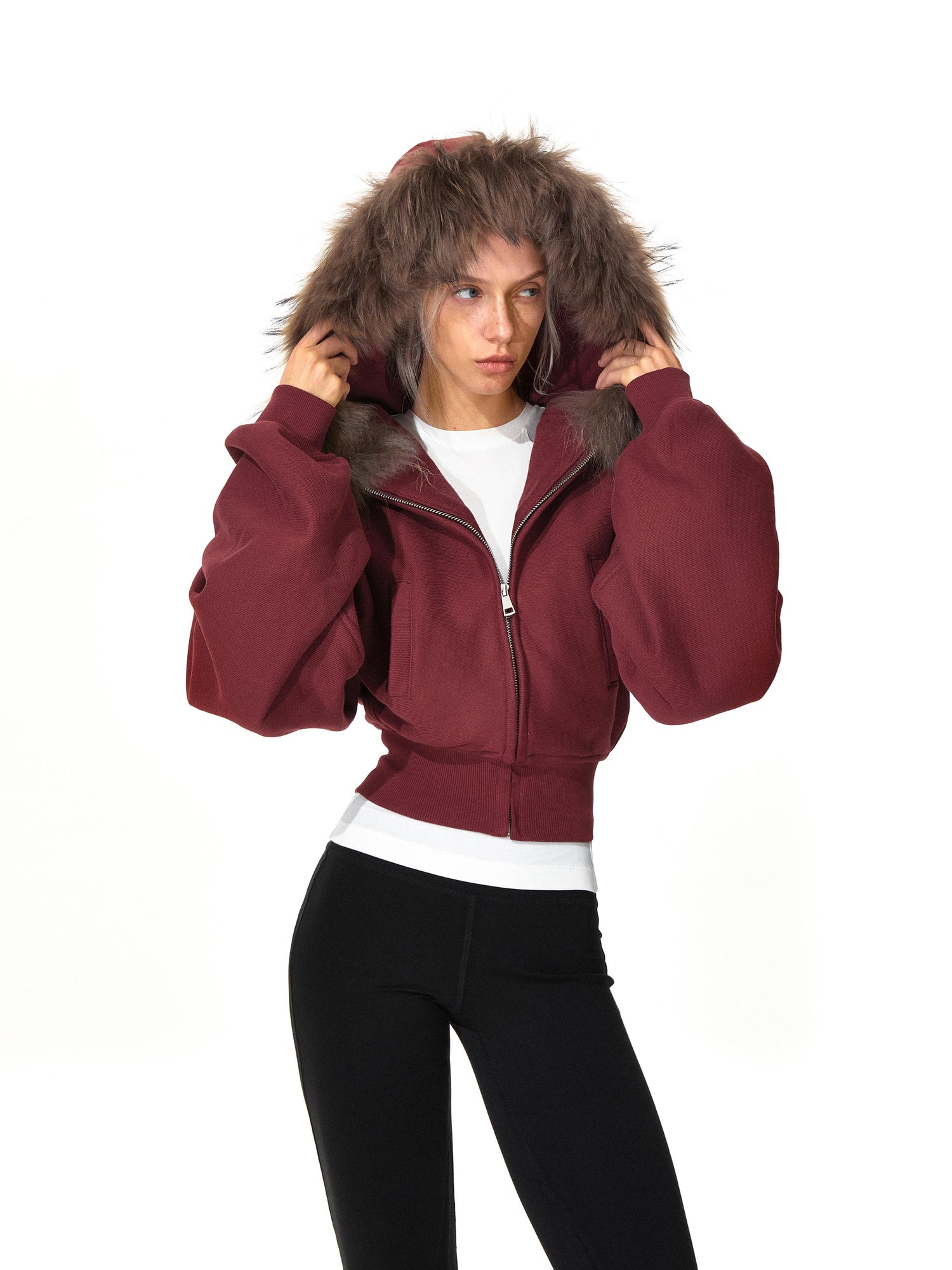 Kvkv Red Short Real Fur Collar Detachable Zipper Hooded Sweatshirt 42