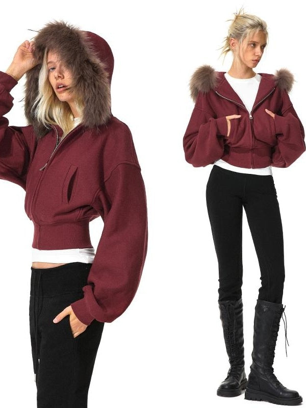 Kvkv Red Short Real Fur Collar Detachable Zipper Hooded Sweatshirt 5