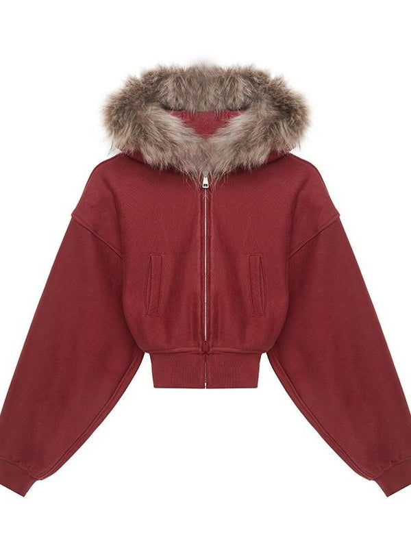 Kvkv Red Short Real Fur Collar Detachable Zipper Hooded Sweatshirt 6