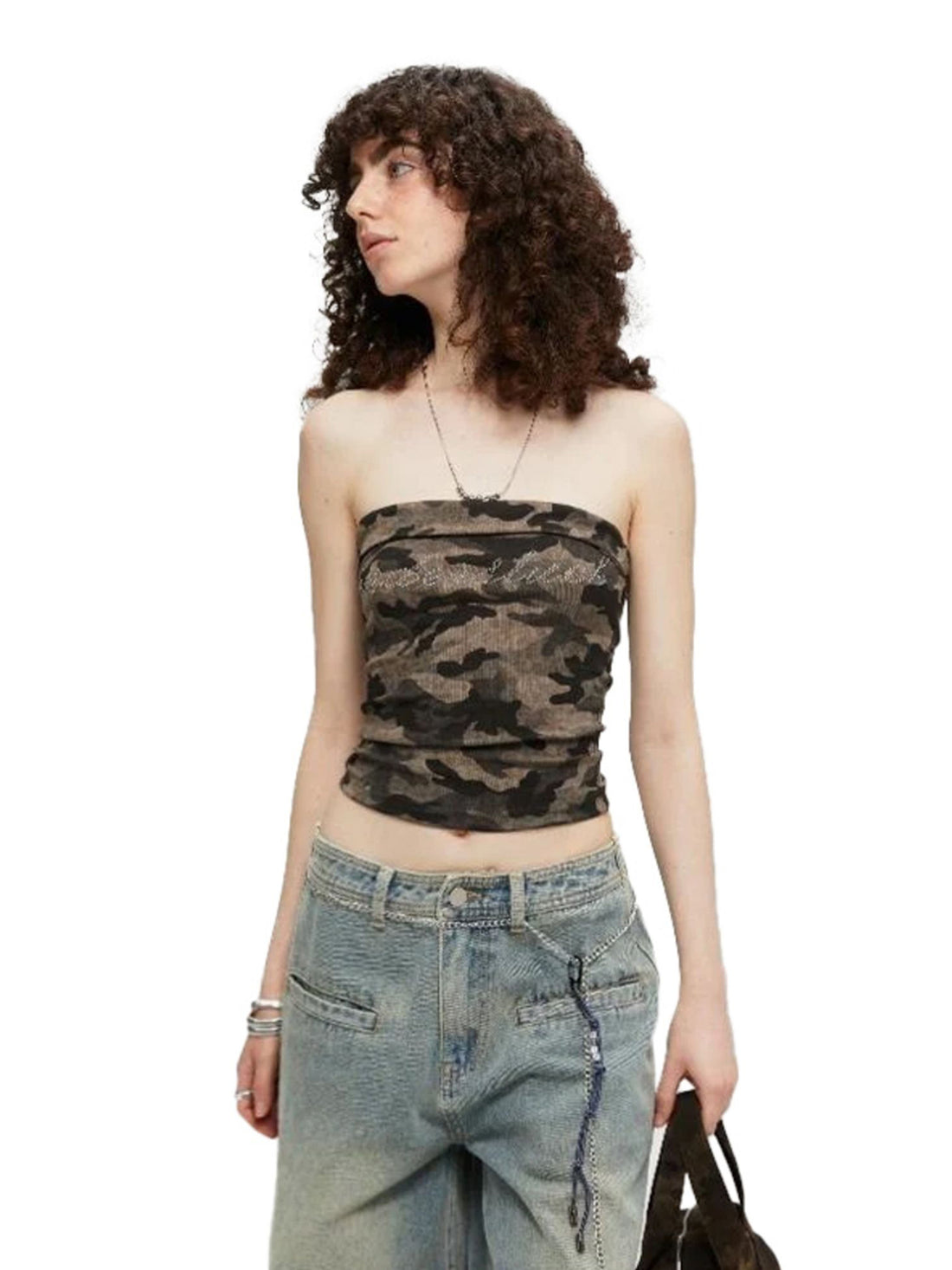 Kvkv Rhinestone Elastic Camouflage Strapless American Retro Spicy Girl With Beautiful Back And Slimming Effect Wearing Short Tank Top Wrapped Around The Chest 1