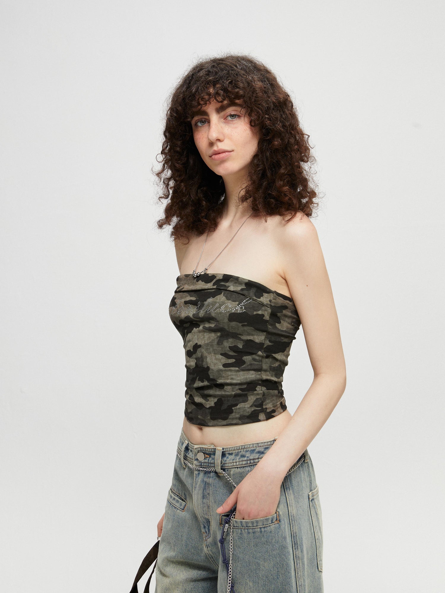 Kvkv Rhinestone Elastic Camouflage Strapless American Retro Spicy Girl With Beautiful Back And Slimming Effect Wearing Short Tank Top Wrapped Around The Chest 22