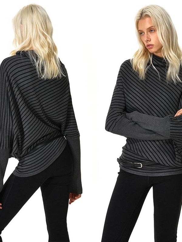 Kvkv Striped Knitted Waist Cinched Bat Sleeve Sweater 3