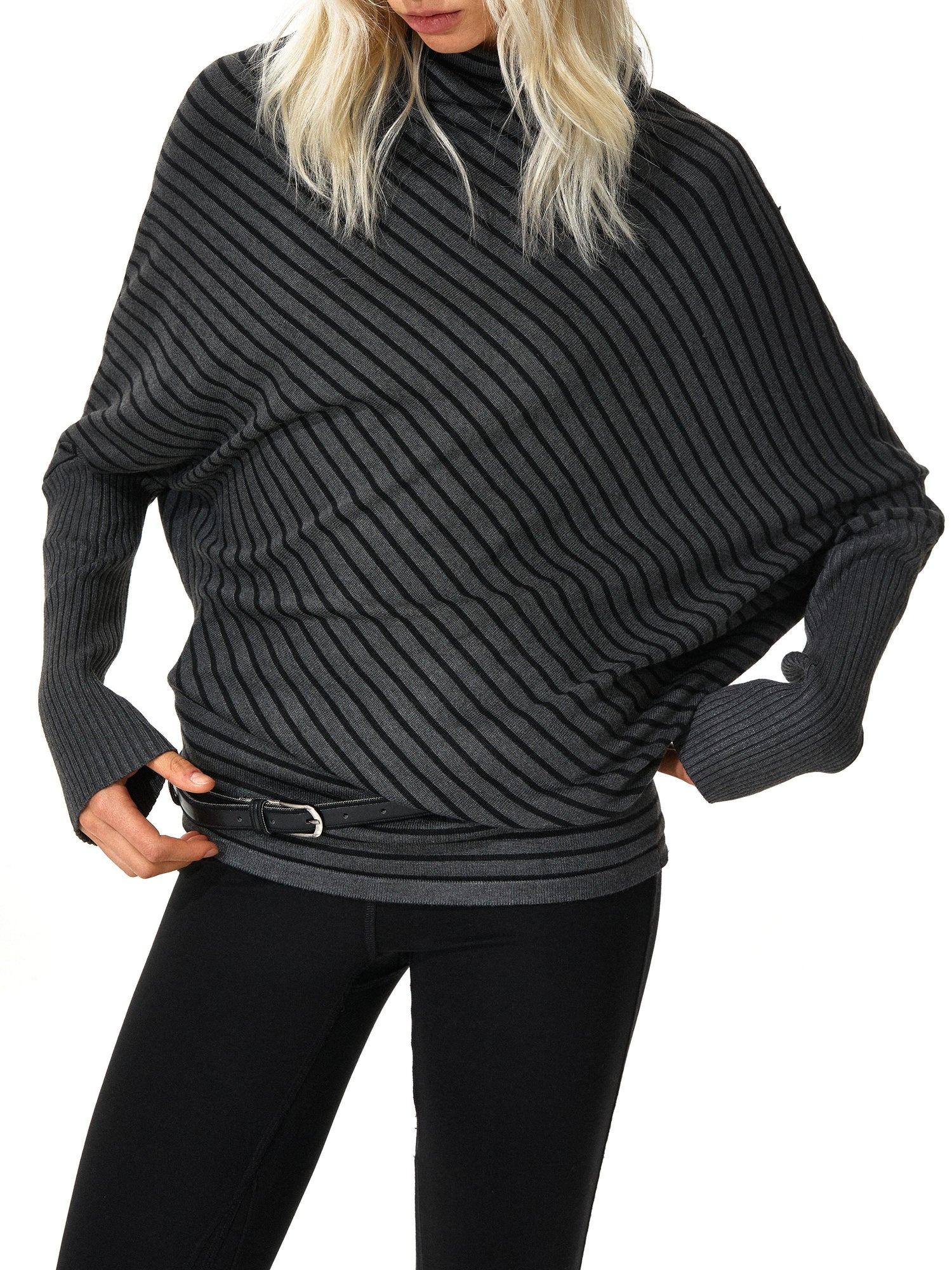 Kvkv Striped Knitted Waist Cinched Bat Sleeve Sweater 30