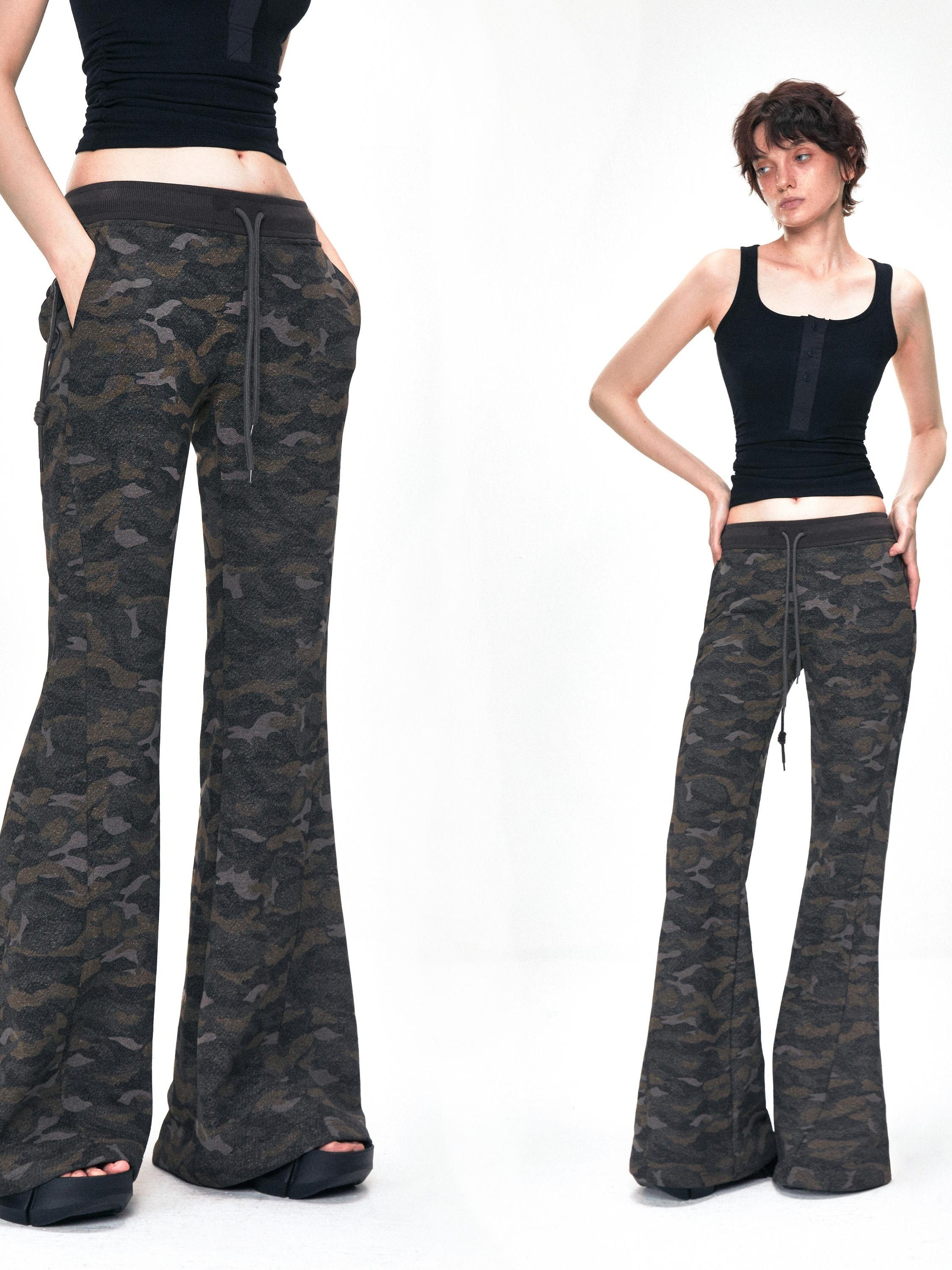 Kvkv Vintage Camouflage Drawstring Guard Pants American Retro Spicy Girl Slim Fit And Slimming Brushed Low Waist Slightly Flared Casual Pants 3